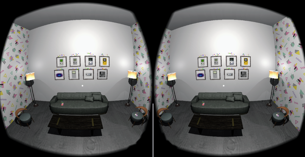 A screenshot of the VR experience showcasing a white wall with eight frames, each displaying a different iteration of the Game Boy throughout the years. The frames are arranged in two rows of four, with the oldest Game Boy in the top left corner and the newest Game Boy in the bottom right corner. Underneath the frames is a grey couch, and to the side of the couch are two standing lights. The screenshot was taken from the perspective of the virtual reality headset user.